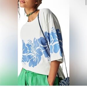 Free People White Tee with Blue Floral Band Print